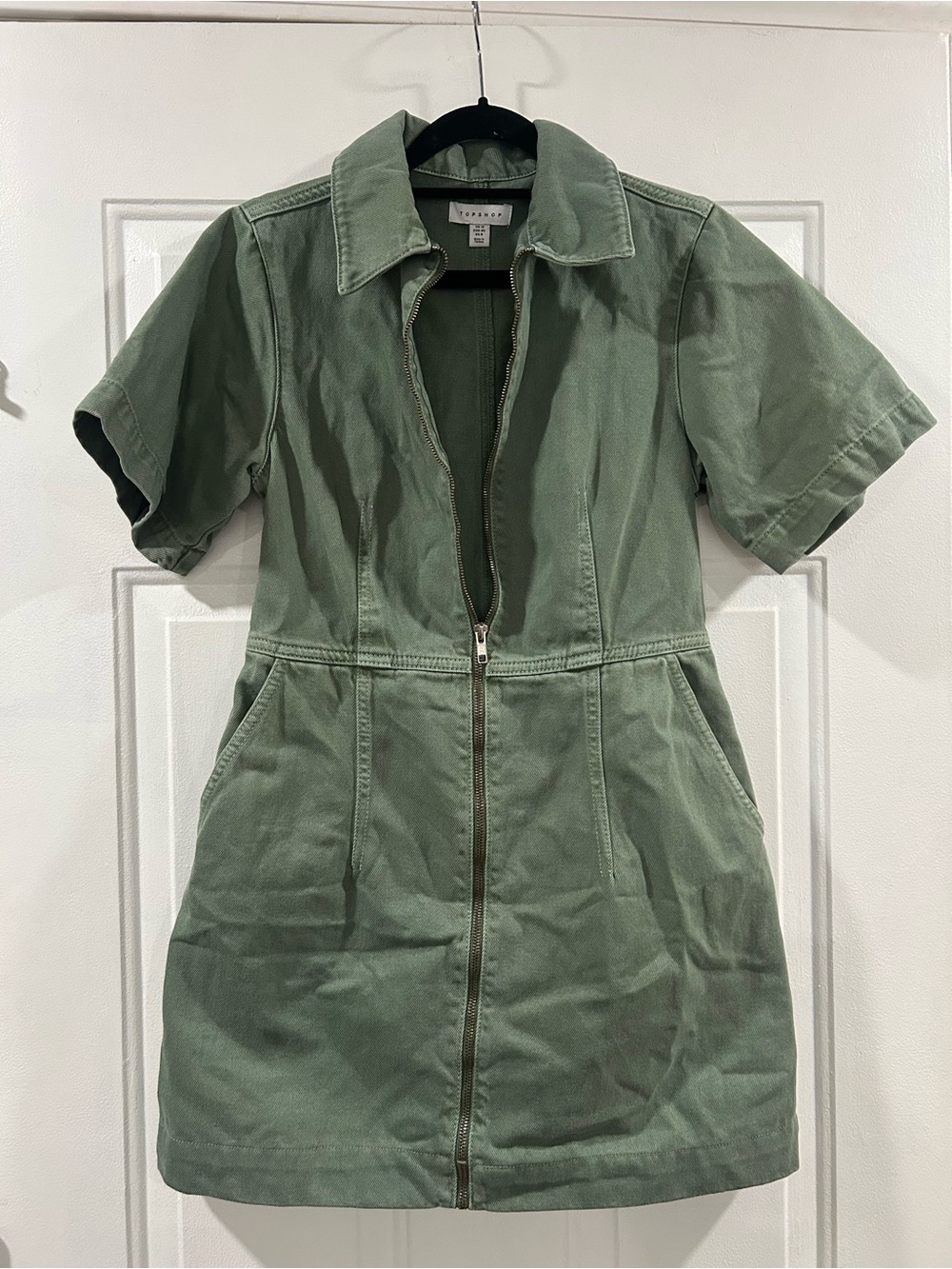 Topshop Olive Green Short Sleeve Zip-Front Utility dress